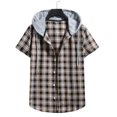 China Anti-pilling new men's summer T-shirts plaid men's shirts no pocket fashion hooded short sleeve men's shirt for sale