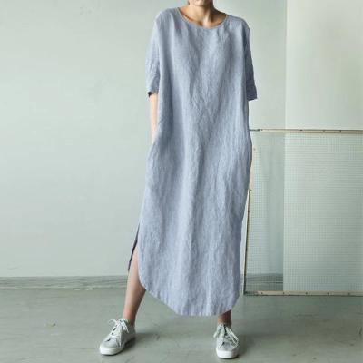 China OEM 2022 Women's Canvas Dress O Neck Sunbath Sleeve Solid Cotton Short Anti-Static Summer Split Casual Dress Dress Female Long Maxi Dress Vestido for sale