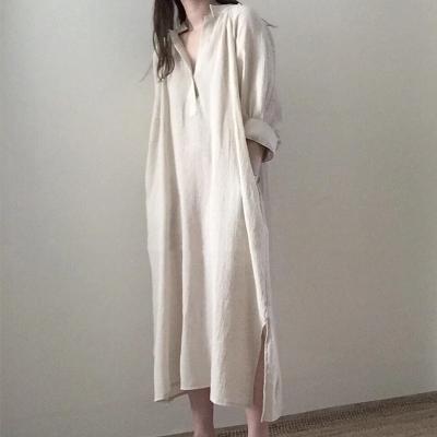 China OEM Korea Anti-Static Design Style Fashion Preppy Shirts Dress Cotton Spring Summer Linen Dress Loose Lazy Chic Women Midi Casual Dress for sale