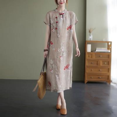 China OEM 2022 Fashion Chinese style dress anti-static long cheongsam dresses slim vintage soft linen floral women's cotton print Midi casual dress for sale