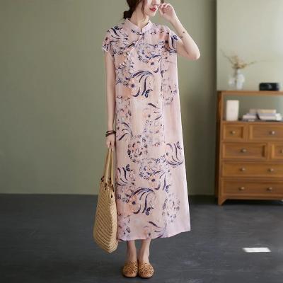 China 2022 new arrival thin cotton loose women floral beading canvas casual dress long cheongsam dresses anti-static printing chinese style vintage dress for sale