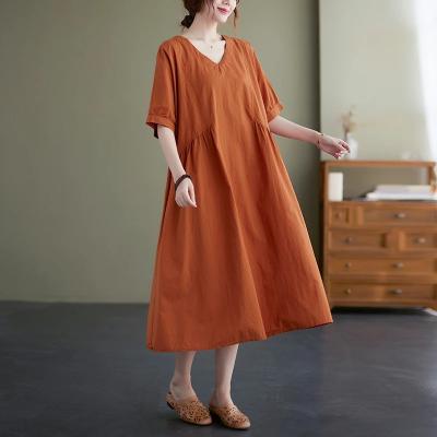 China Lady Work Dress Plus Size Women Office Cotton Midi Casual Dress OEM 2022 Summer Fashion Sleeve Anti-static Short V-Neck Soft Midi Casual Dress for sale