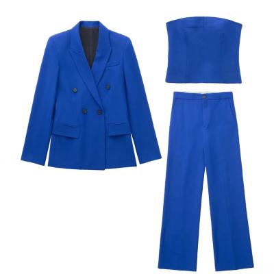 China OEM QUICK DRY 2022 spring blue suit set women three piece set crossover blazer tube tops and formal pant office high waist set for sale