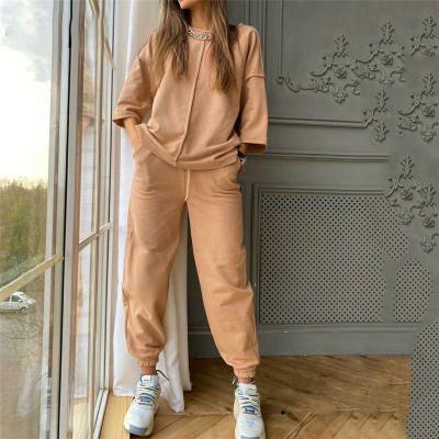 China OEM QUICK DRY Tracksuit Women Sport Casual Summer Set Loose Khaki Short Sleeve Shirt Tops And Pants Bottom Suit Two Piece Set for sale