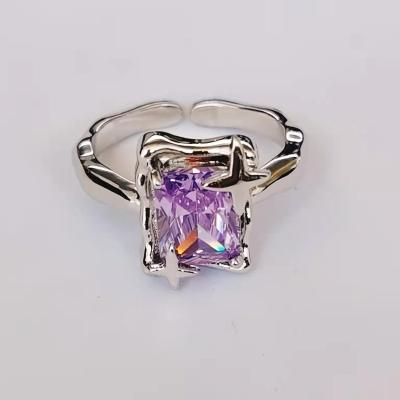 China Unique Punk Style Environmental Friendly Women's Ring Adjustable Opening Ring Silver Design Purple Zircon Diamond Rings for sale