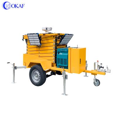 China Construction Site 10m OKAF Hydraulic Mast Diesel Generator Mobile Lighting Trailer Telescopic Light Tower for sale