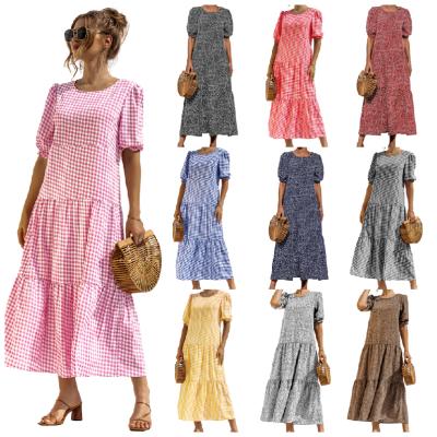 China Wholesale Anti-Wrinkle Plaid Dresses Long Puff Casual Loose Cute Lady Half Sleeve Vintage Summer Clothes for sale