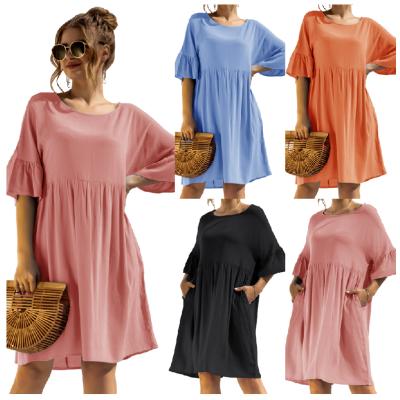 China Wholesale Women's Casual Dresses China Factory Anti-wrinkle Short Sleeve Pockets Geometric Loose Blue Knitted Dress for sale