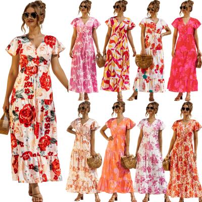 China Wholesale Bohemian Short V-neck Floral Print Long Sleeve Anti-wrinkle Dress Skirt Ladies Casual Clothes 2021 for sale