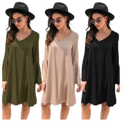 China Anti-wrinkle Women T-shirt Dress V-Neck Casual Dresses Midi T-shirt Dress Loose Long Sleeve Ladies Clothing for sale