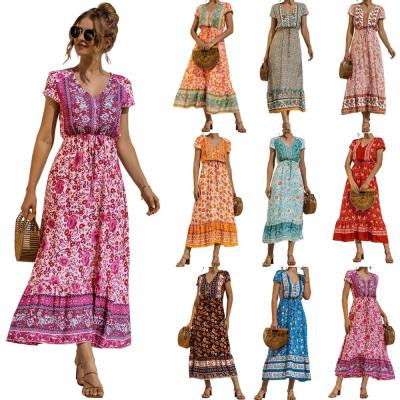 China Wholesale Bohemian Women's 2021 Maxi V-neck Skirt Vintage Anti-wrinkle Vintage Floral Dresses Clothing Casual Dress for sale