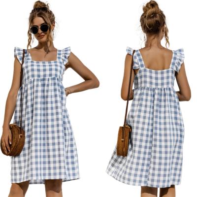 China 2021 summer cute women's plaid Anti-wrinkle sundresses new styles ruffle loose shoulder straps casual short dress for sale