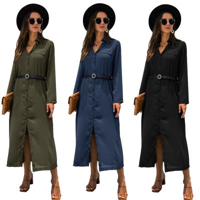 China Anti-wrinkle Women Lapel Neck Buttoned Long Belted Lady Career Style Side Slit Dress Office Dresses Plus Size for sale