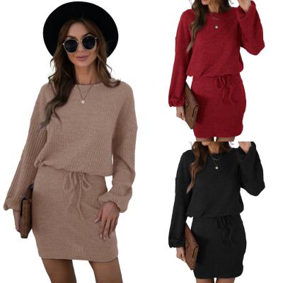 China latest Anti-wrinkle products backless solid lantern sleeve knit sweater dress drop shoulder ribbed belted skirt for sale