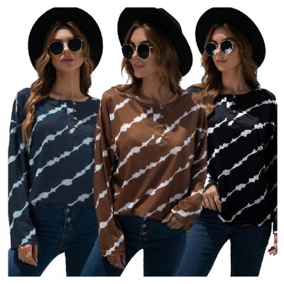 China New Washable T-shirt Ladies Fashion Full Striped Printing Short Sleeve Round Neck Ladies Casual Loose Tops T-shirt for sale