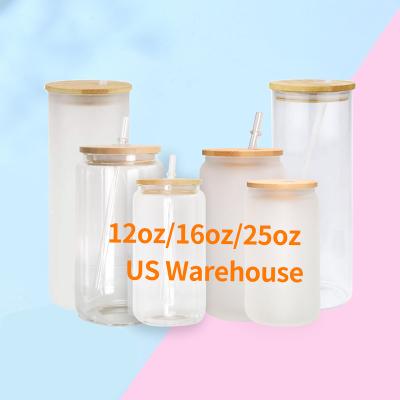 China US Warehouse Reusable Sublimation Glass Can 12oz 16oz Iced Coffee Soda Shaped Coke Glass Beer Can With Bamboo Lid for sale