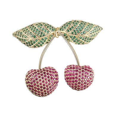 China Yiwu copper factory new fashion zircon micro pave brooch design fruit cherry shape copper women cut brooch for sale