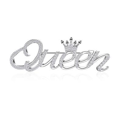 China High End Luxury Copper Fashion Rhinestone Brooches With Silver Diamond Letter QUEEN Brooch for sale