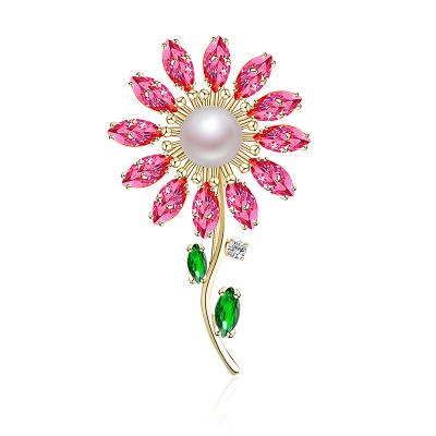 China Customized copper fabrication brooch rhinestone sun flower shaped brooches crystal brooch for women for sale