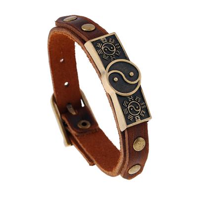 China Retro CLASSIC Eight Charts Ying Yang Cuff Wrap Bracelet Adjustable Leather Bracelet For Women Men for sale