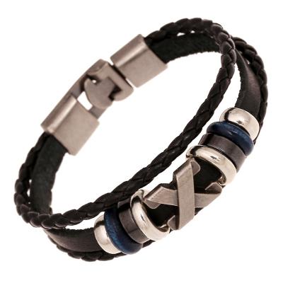 China CLASSIC high quality punk vintage alloy PU and real leather braided bracelet X letter charm bracelet for men for sale