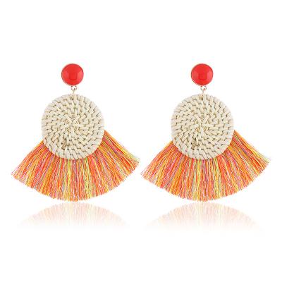 China Newest African Handmade Bohemian BOHEMIA Colorful Woven Wooden Rattan Drop Tassel Earrings For Women for sale