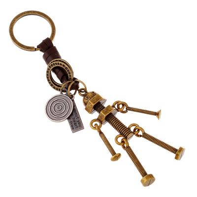 China Vintage Woven Leather Key Chain Cool Pendant Antique Zinc Alloy Color Screw Robot Key Chain for sale