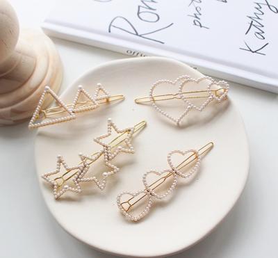 China Luxury Metal Gold Plated Cute Pearl Heart Star Triangle Hair Clip Clip Pearl Hair Accessories For Girl S for sale