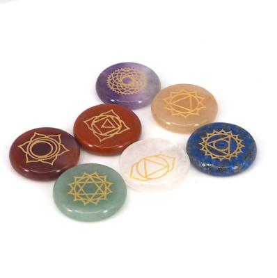 China China 7 Seven Chakra Engraved Holistic Balancing Polished Solids Crystal Mens Chakra Symbols Tumbled Reiki Healing Palm Stone Sets Kit for sale