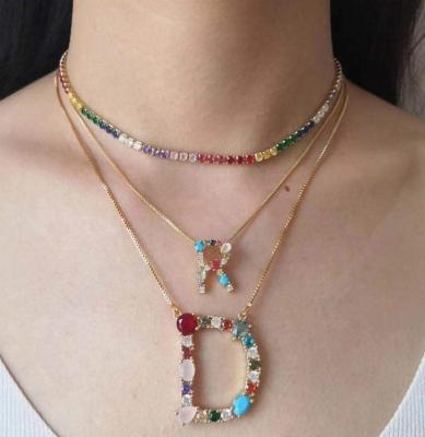 China Environmental Friendly Colorful Multicolor Letter Crystal Rhinestone Necklace Copper Micro Diamond Necklace Personality for sale