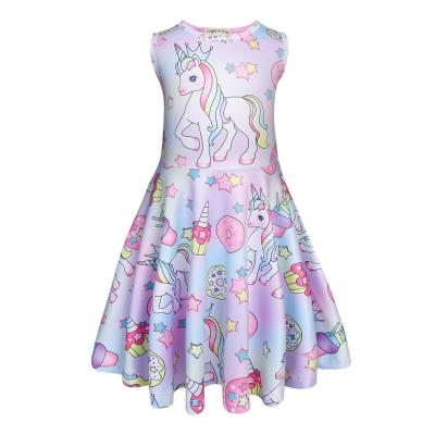 China LQSZ New Summer Fashion Washable Cute Unicorn Cartoon Cute Printed Children Sleeveless Children Little Girl Teen Dress 3-12 Years Old for sale