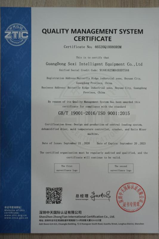 ISO9001 - Guangdong Soxi Intelligent Equipment Co., Ltd