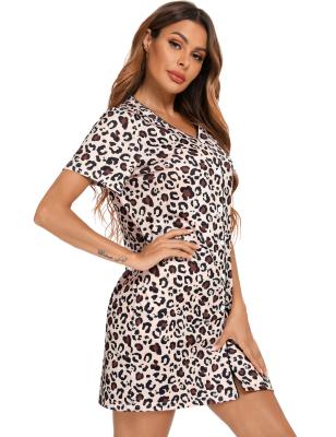 China QUICK DRY Leopard Print V-Neckline Short Sleeve Sleepwear Night Dress For Ladies for sale