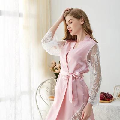 China Custom Made QUICK DRY LOGO Lace Short Solid Silk Satin Long Robe Women Bridal Pajamas for sale