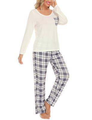 China OEM QUICK DRY Festival Long Sleeve 2-Pieces Women Plus Size Cotton Plaid Print Bamboo Pajamas Set for sale