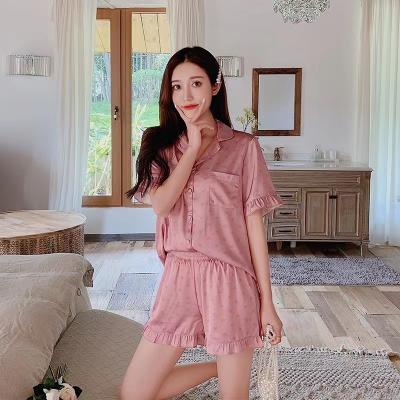 China Custom Print Lovey Girls QUICK DRY Custom Short Sleeve Designer Women's 2-Pieces Silk Pajamas Sets for sale