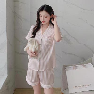 China Wholesale Luxury Striped Silk Short Sleepwear Tops Comfortable Women QUICK DRY Long Sleeve 2 Pieces Satin Pajamas Set for sale