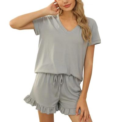 China QUICK DRY Drop Shipping Solid Cotton V-Neck Shorts Sleeve 2 Piece Summer Women Pajamas for sale