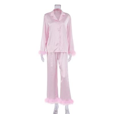 China New Design QUICK DRY Women's Solid Silk Sleepwear Set With Feather Long Sleeve Satin Pajamas for sale