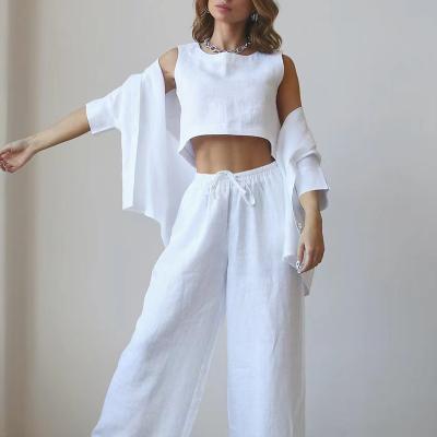 China QUICK DRY Drop Shipping Loungewear Three Piece 3 Pcs Solid Cotton Canvas Set Women Pajamas for sale