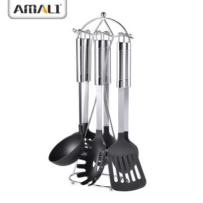 China 7 PCS Sustainable Kitchen Non-Stick Nylon Utensils Set With Wire Holder Stainless Steel Handle Heat Resistant for sale