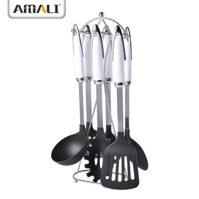 China 7 PCS Sustainable Non-Stick Nylon Kitchen Cooking Tool Kit Metal Kitchenware Sets Cooking Utensils Set With Wire Holder for sale