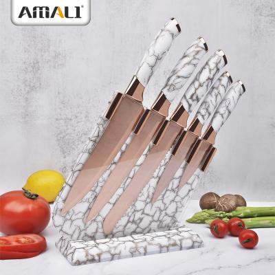 China Newly Design Sustainable - Non-Stick Titanium Stainless Steel Kitchen Knife Set With Acrylic Knife Block Marble Handle Chef Knife Set for sale