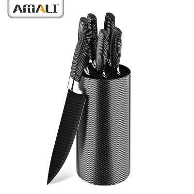 China Sustainable Chef Knife Set - 6 PCS Stainless Steel Kitchen Knives Set Color Nonstick Coating With Round Plastic Knife Holder for sale