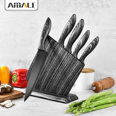 China Viable Hot Sale 6PCS Non-Stick Marble Kitchen Knife Set Black Color Knives With Plastic Knife Holder for sale