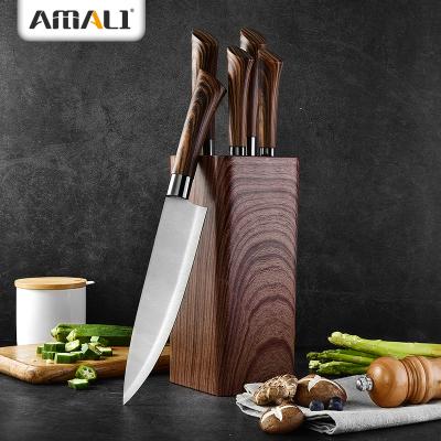 China 6PCS Sustainable Stainless Steel Kitchen Knife Set With Plastic Knife Holder In Wood Grain Pattern Coating Stainless Steel Chef Knife for sale