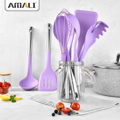 China Amazon Hot Selling Sustainable Silicone Kitchen Tool Kit Silicone Utensils Set With Stainless Steel Handle for sale