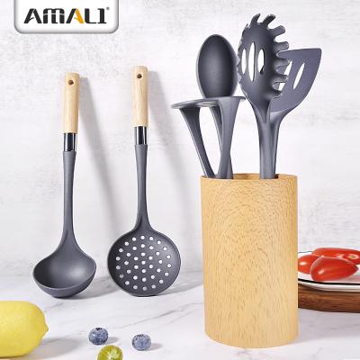 China Sustainable Heat Resistance 7 Pieces Kitchenware Nylon Kitchenware Accessories Cooking Cooking Utensils With Wood Grain Pattern Plastic Holder for sale