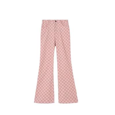 China Anti-pilling 2021 women fashion pink plaid boot cut pants flare casual trousers for ladies for sale