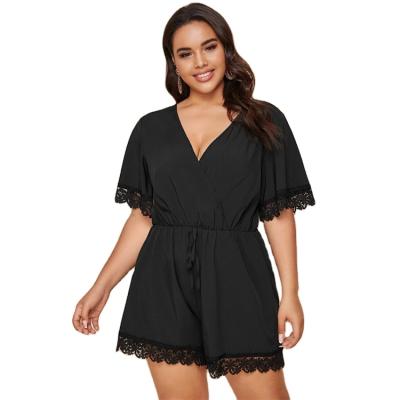 China Plus Size QUICK DRY Women's Short Sleeves Stitching Black Casual Playsuits Lace Overalls Playsuits for sale